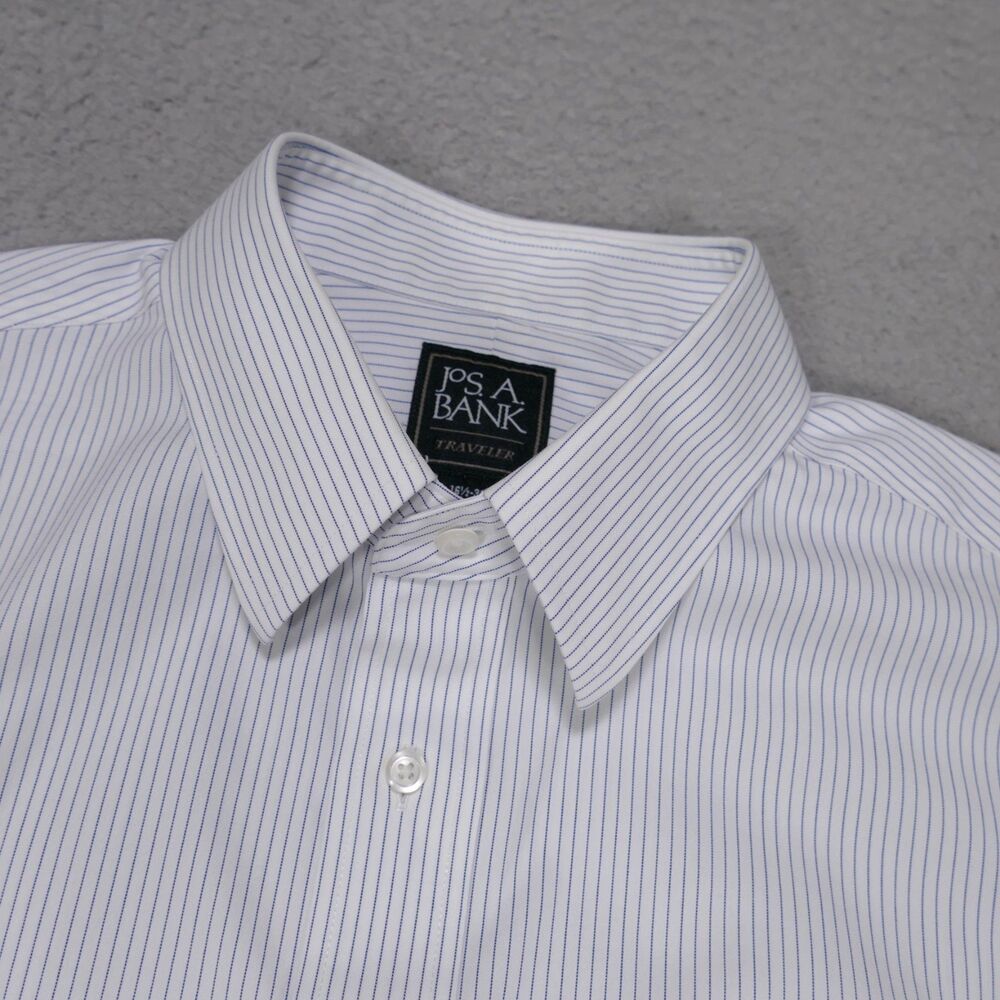 Jos A Bank Traveler Shirt Men 16 1/2-32 Blue White Striped Button Up Long Sleeve